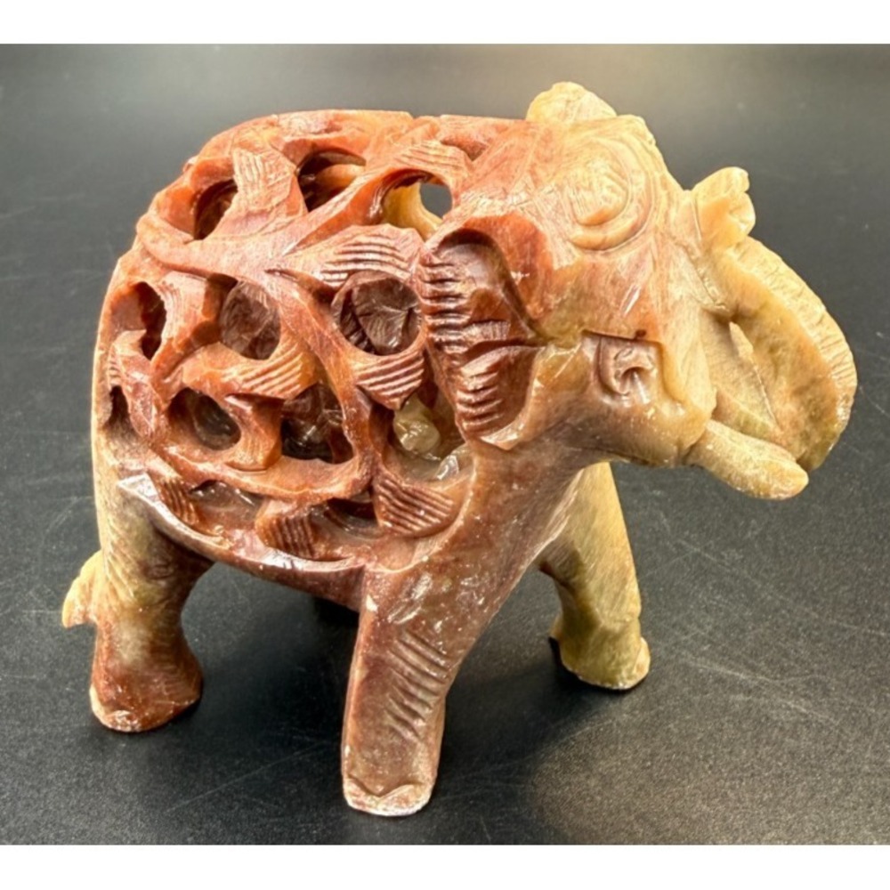 3" Hand-Carved Soapstone Elephant Figurine-Mother w/Baby Inside-Beautiful Colors